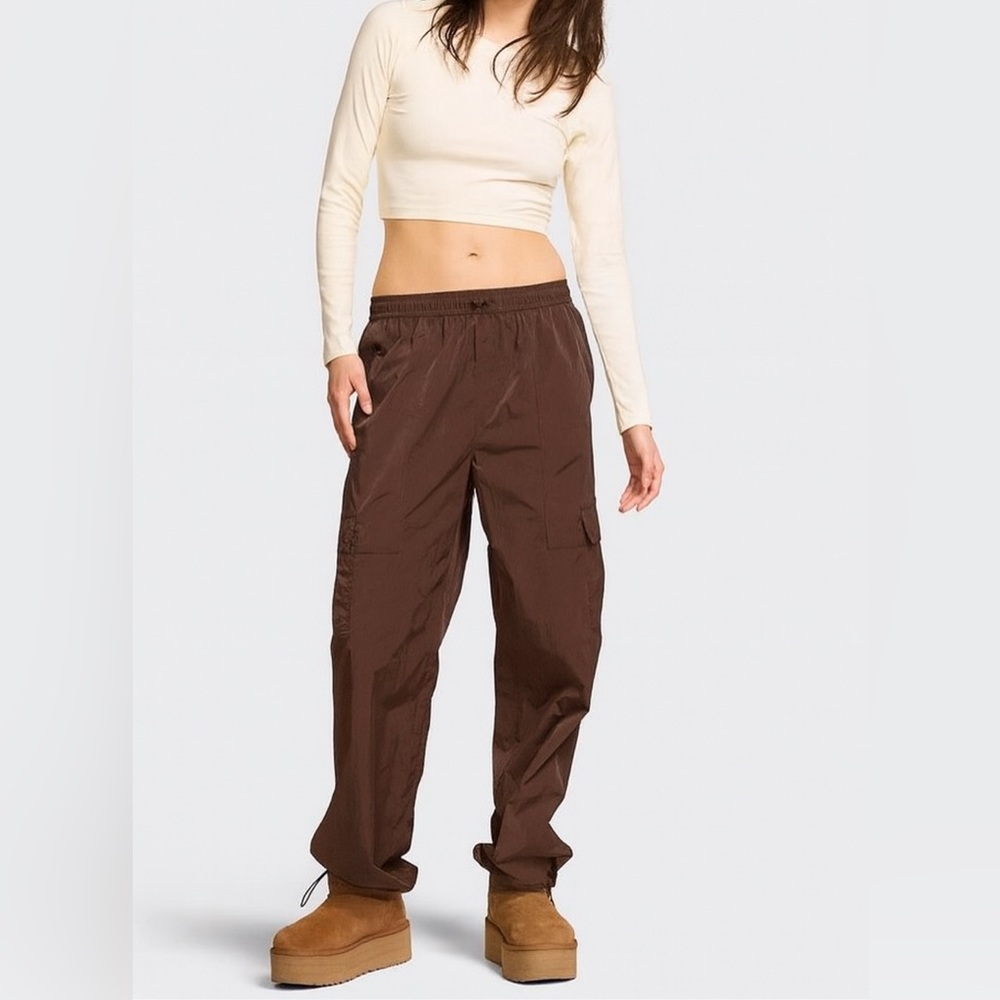 PINK Victoria Secret Women's Brown Parachute Cargo Utility Pants sz L Y2K Comfy